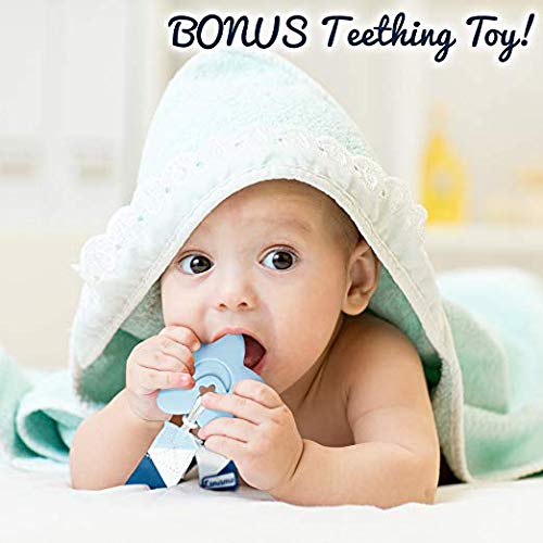 Liname Neutral Pacifier Clip with Teething Toy - 4 Pack Pacifier Clips for Boys & Girls - Binky Holder Soothie Paci Clip Binkie Clip - Unisex Pacifer Clip Baby Pacifier Clip and Pacifier Holder (Blue)