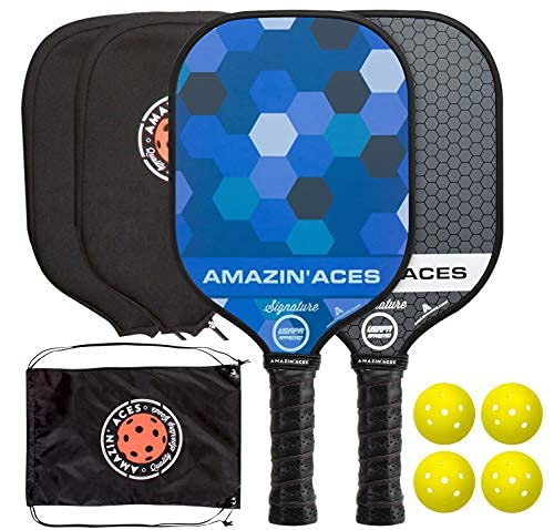 Amazin' Aces Signature Pickleball Paddles Set of 2, Graphite Pickleball Rackets w/ 4 Pickleball Outdoor Balls, 2 Pickleball Paddle Covers, & 1 Pickleball Bag, USAPA Approved, Blue & Grey