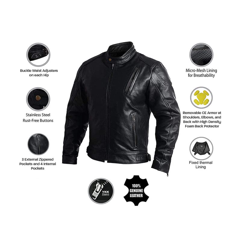 HWK Leather Motorcycle Jacket with Armor for Men, Cafe Racer Genuine Leather Jacket for Weather Resistant Riding