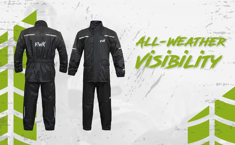 HWK Motorcycle Rain Suit for Men and Women, Reflective Rain Jacket and Rain Pants for Weatherproof All-Season Riding