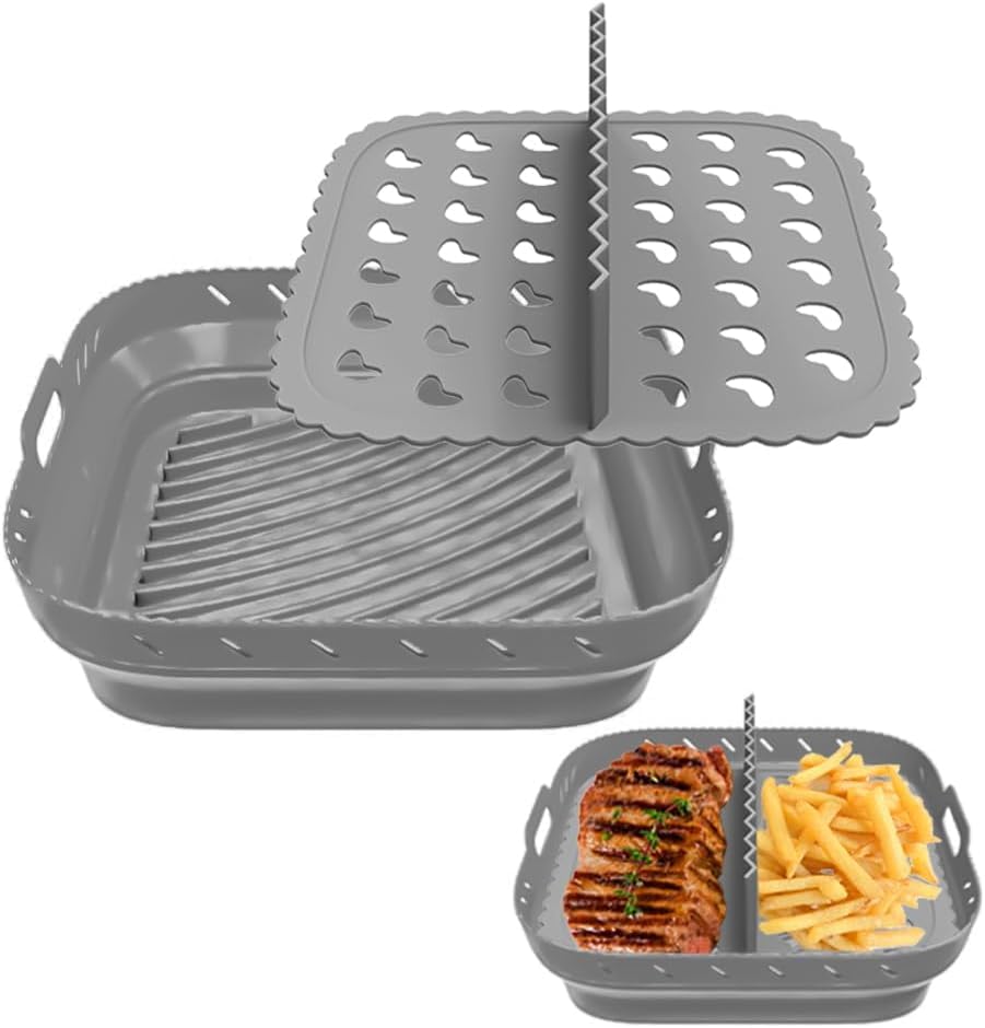 Silicone Air Fryer Liner: 8-inch Liners with Divider for Air Fryers - Reusable Inserts are Foldable, Making The Airfryer Basket Easy to Clean. Safe for Microwave Oven Use.