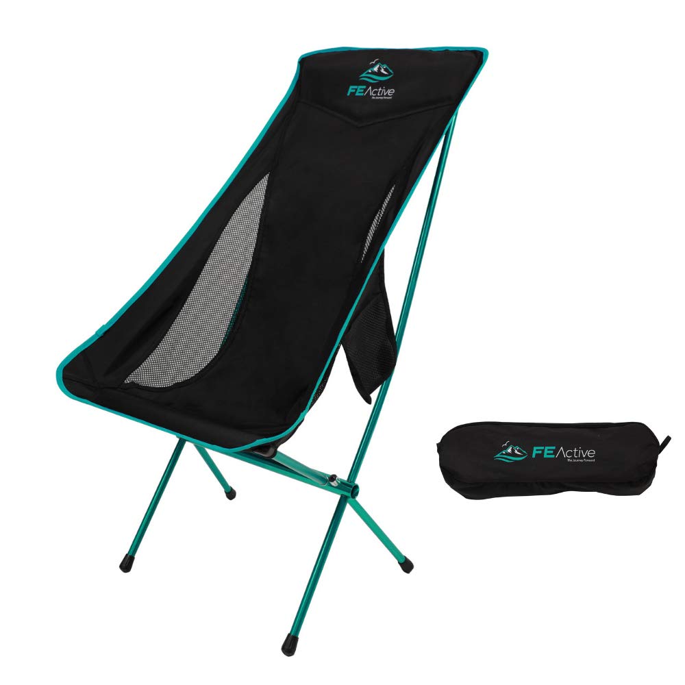 FE Active Folding Camping Chair - Extra Long Portable Compact Folding Beach Chair w/Headrest for More Comfort. Full Aluminum Joints for Hiking, Outdoors, Backpacking, Travel | Designed in California