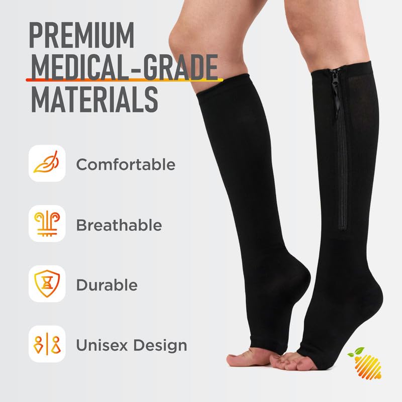 Compression Socks Men 20-30 mmHg - Open Toe Zippered Compression Stockings for Women, Improves Blood Circulation, Prevents Leg Swelling, Shin Splints, and Edema - 2XL, Black [1 Pair]