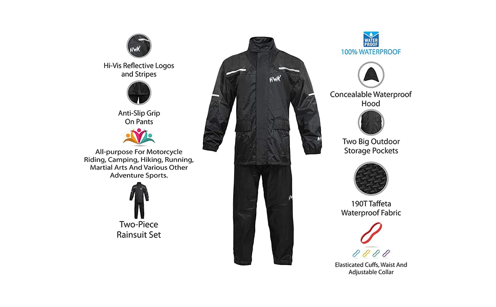 HWK Motorcycle Rain Suit for Men and Women, Reflective Rain Jacket and Rain Pants for Weatherproof All-Season Riding