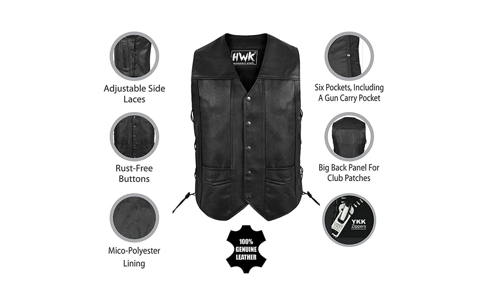 HWK Leather Motorcycle Vest for Men and Women with Concealed Carry Gun Pocket for All-Weather Motorbike Riding