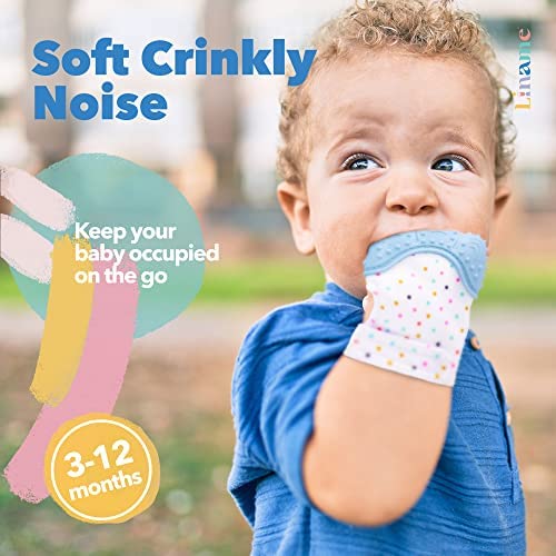 Liname Silicone Teething Mitten with Soothing Toy- Baby Chew Toy & Teething Gloves- Infant Teething Mittens - Hand Teether for Babies- Teething Mittens for Babies with Silicone to Soothe Swollen Gums