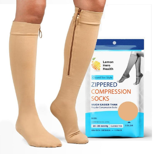 Zippered Compression Socks Closed Toe 20-30mmHg with Zipper Safe Protection & Closed Toe (3X-Large Short, Beige)