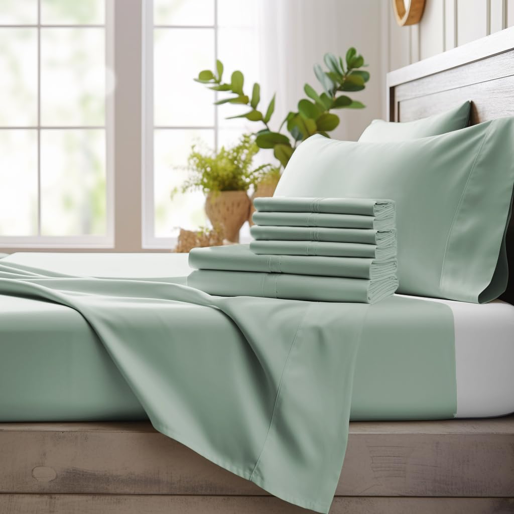 Bamboo Bay 6 Piece Queen Sheet Set - 100% Viscose Made from Bamboo Sheets Queen Size Bed Set  - Sage