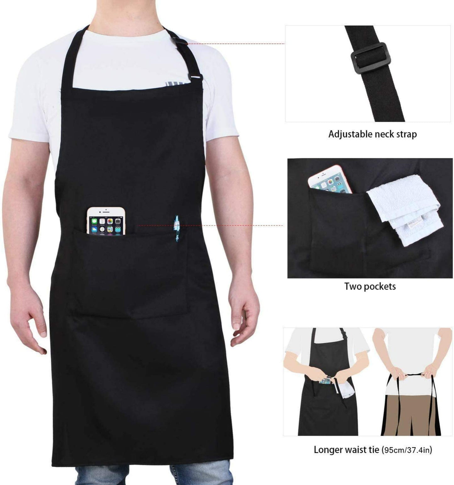 Will Well Adjustable Bib Aprons, Water Oil Stain Resistant Black Chef Cooking Kitchen Aprons with Pockets for Men Women