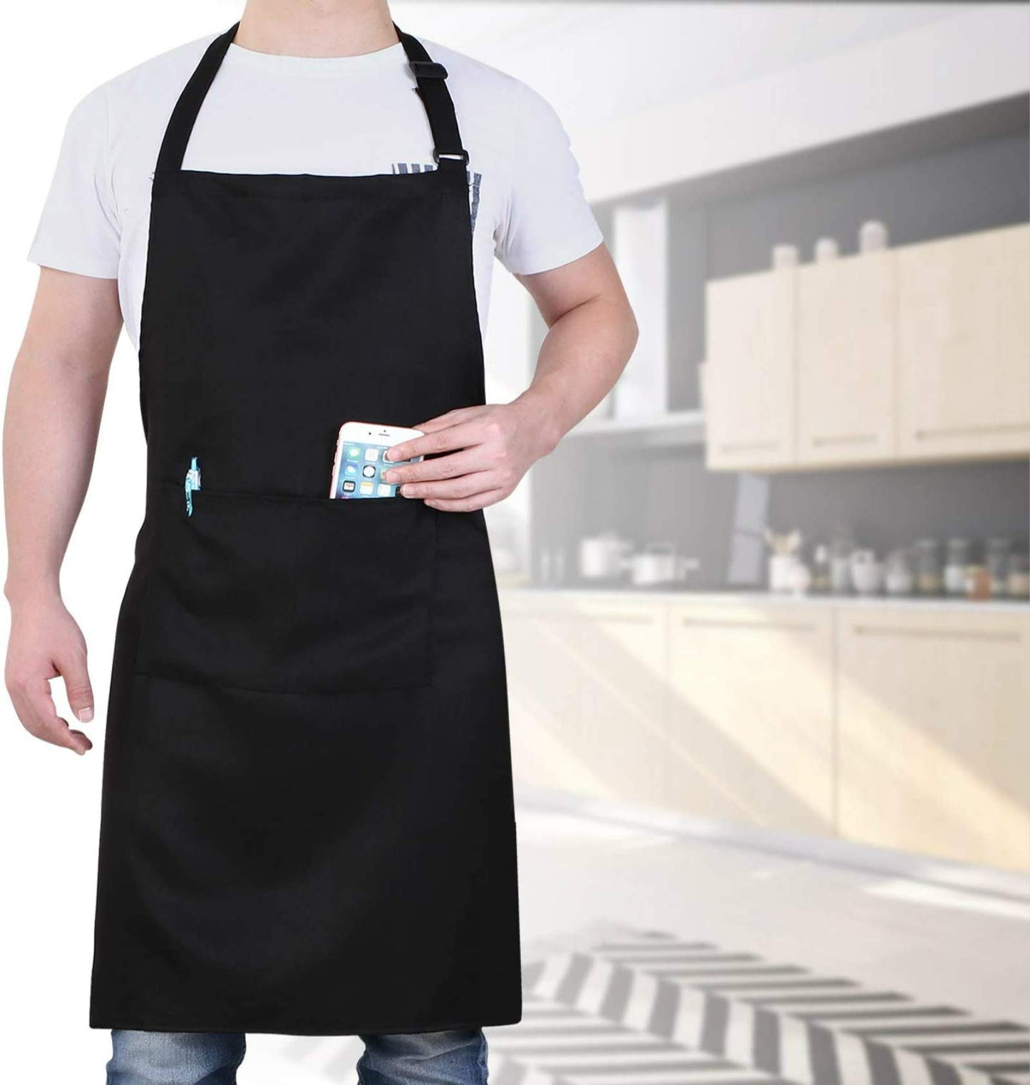 Will Well Adjustable Bib Aprons, Water Oil Stain Resistant Black Chef Cooking Kitchen Aprons with Pockets for Men Women