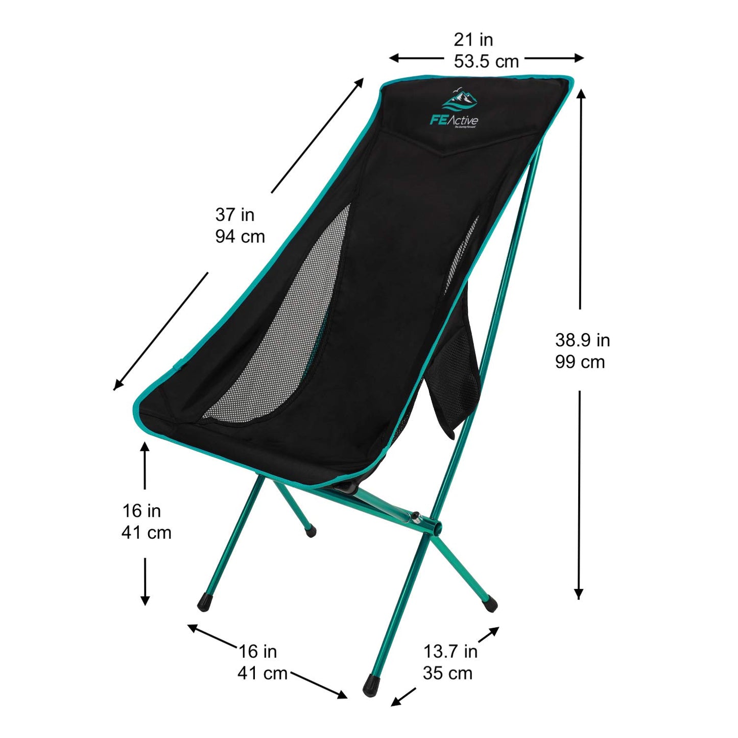 FE Active Folding Camping Chair - Extra Long Portable Compact Folding Beach Chair w/Headrest for More Comfort. Full Aluminum Joints for Hiking, Outdoors, Backpacking, Travel | Designed in California