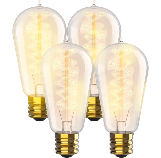 HUDSON BULB CO. Vintage Incandescent 60W Edison Light Bulbs (4 Pack) - 2100K Dimmable Warm Lightbulbs 230 Lumens - E26/E27 Base Clear Glass Light Bulb - ST58 Style Tear Drop Antique Spiral Filament