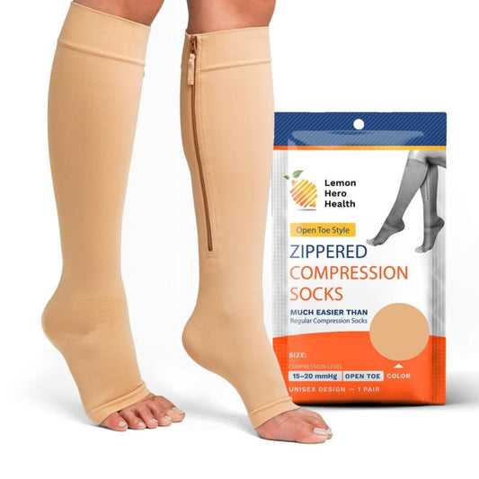 Short Zipper Compression Socks for Women and Men Open Toe 15-20 mmhg Medical Zippered with Zip Guard Skin Protection (XL, Biege)