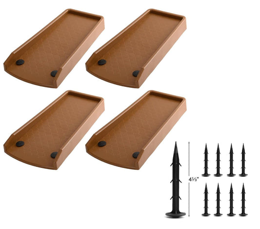 LOSTRONAUT 17 Inch Downspout Splash Block and Rain Gutter Extender - 4-Pack Downspout Diverter Attachment for Home Foundation and Landscape Protection - Includes 8 Hard Plastic Stakes, Brown