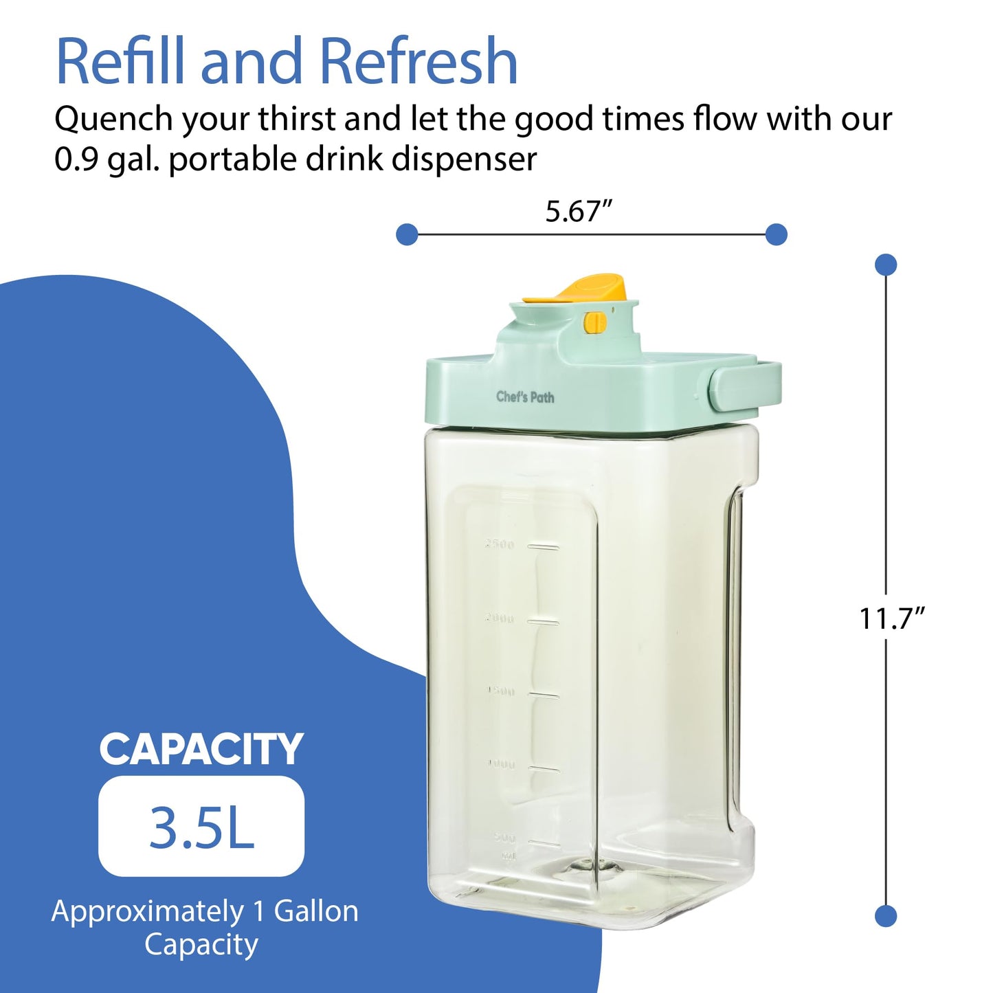 Chef's Path Fridge Drink Dispenser 3.5L (0.9 Gal), Set of 2 - Large Capacity Beverage Dispenser for All Day Long Hydration. Enjoy Your Favorite Refreshing Hot and Cold Drinks Everywhere You Go