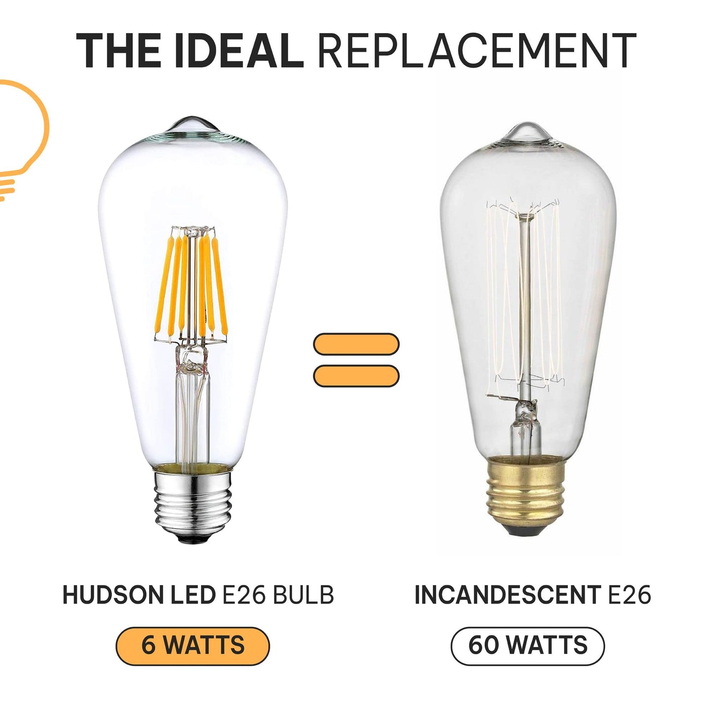 HUDSON BULB CO. Vintage LED 6W Edison Light Bulbs (6 Pack) - E26/E27 Base Light Bulbs 60 watt - 4000K Daylight White Light Bulbs - ST58 Style Filament Light Bulbs Set