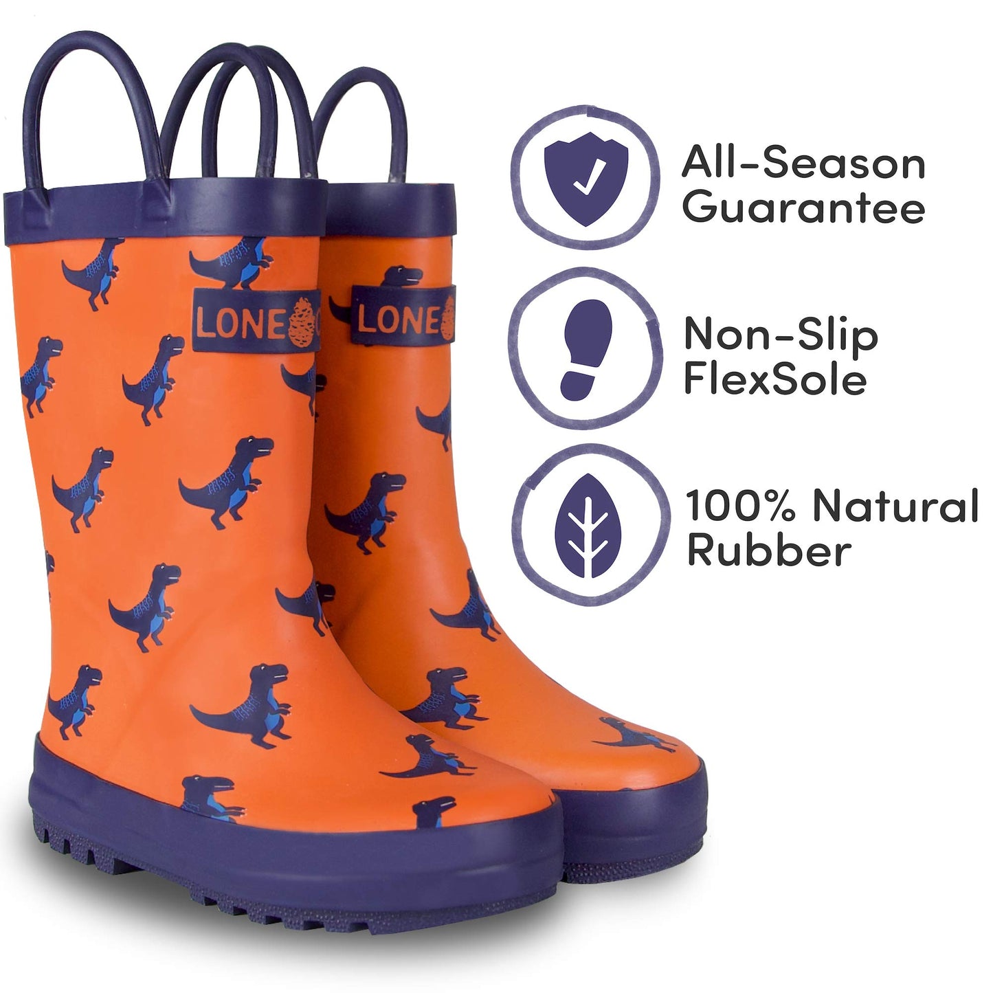 Lone Cone Rain Boots with Easy-On Handles in Fun Patterns & Solid Colors for Toddlers and Kids, Buddy the T-Rex - Matte Finish, 7 Toddler