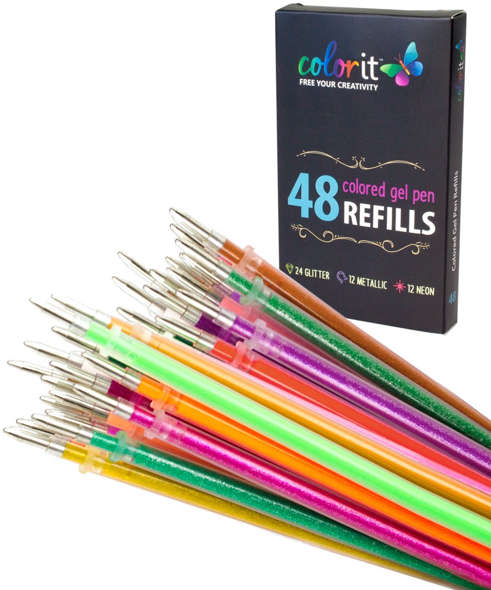 ColorIt 48 Gel Pen Ink Refills for Glitter, Metallic, and Neon - Color Coded for Easy Replacement