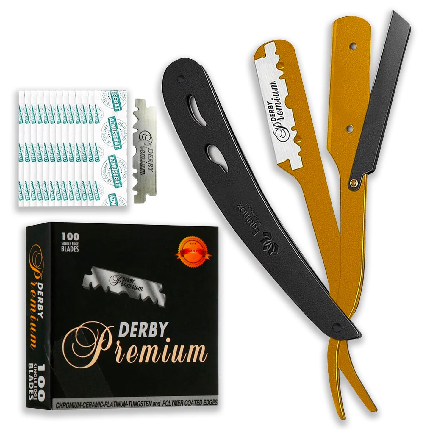 Straight Edge Razor with 100 Single Derby Straight Razor Blades-Barber Straight Razor-Close Shaving Manual Shaver-Disposable Straight Razor Blades