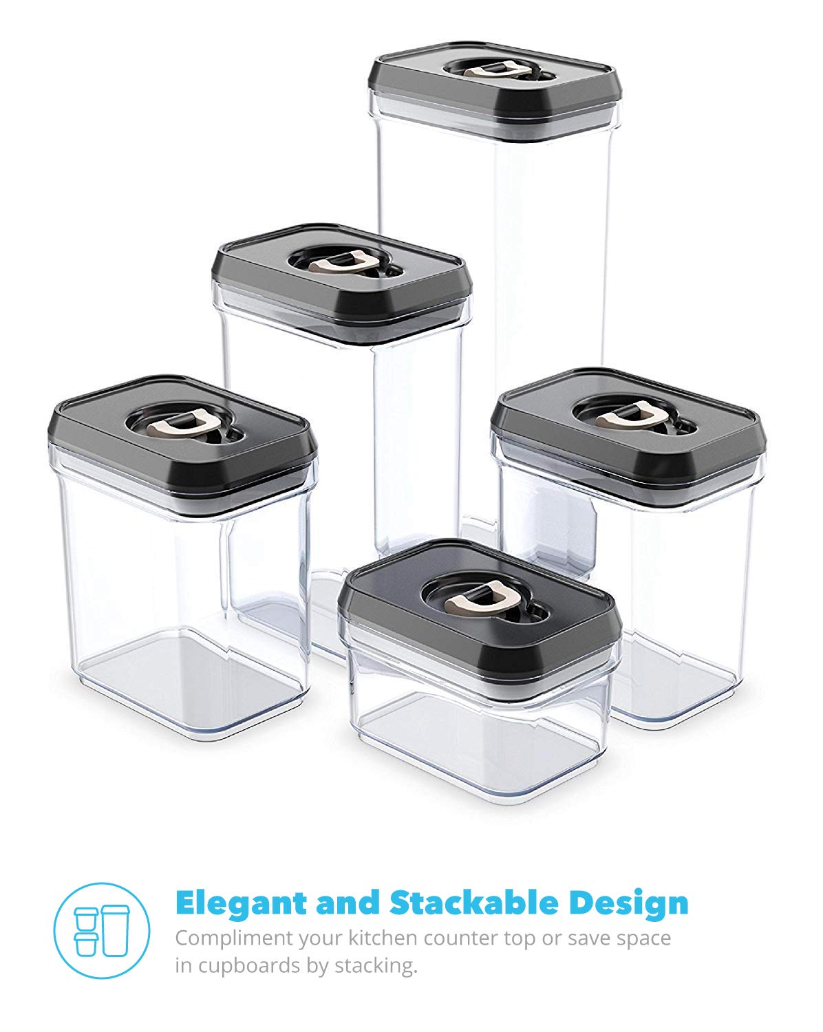 Zeppoli Air-Tight Food Storage Container Set - 5-Piece Set - Durable Plastic - BPA Free - Clear Plastic with Black Lids