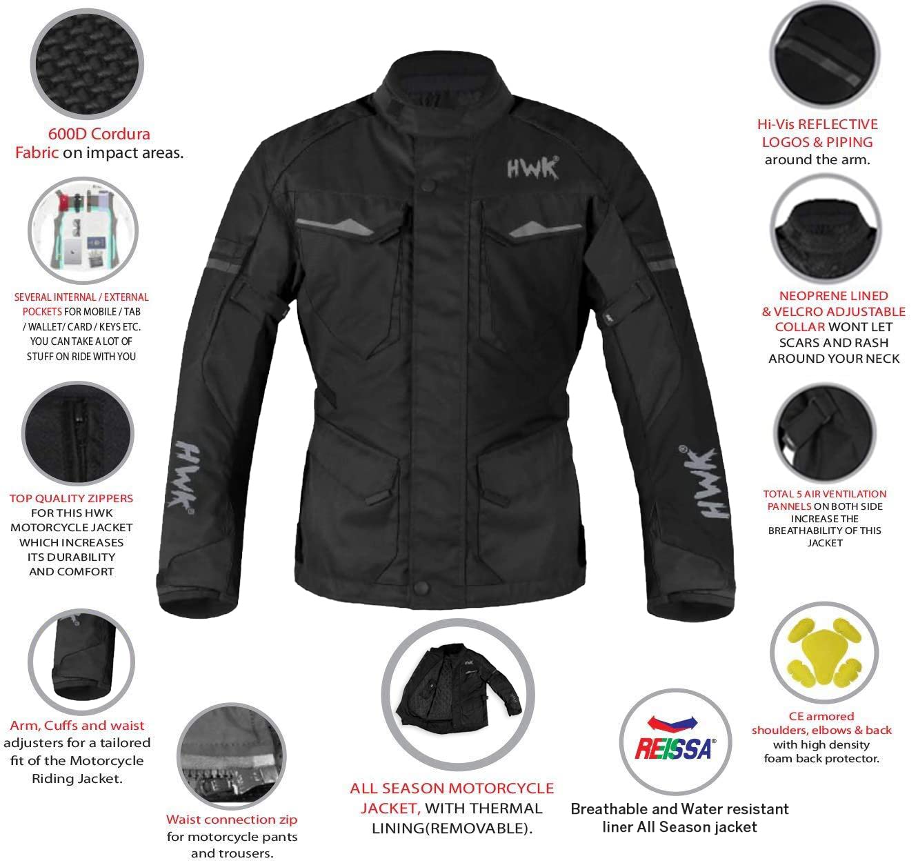 HWK Motorcycle Jacket for Men Adventure/Touring with Cordura Textile Fabric for Motorbike Riding and Impact Protection Armor