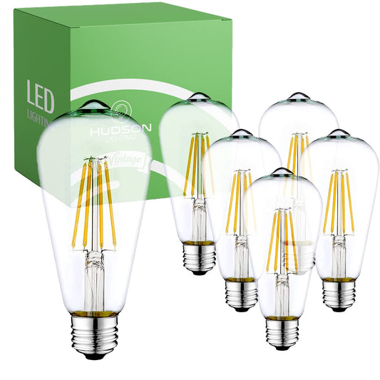 Hudson Vintage LED Edison Light Bulbs 60W (6 Pack)- E26/E27 Base 5000K Dimmable Decorative Lightbulbs - ST58 5000K Daylight White