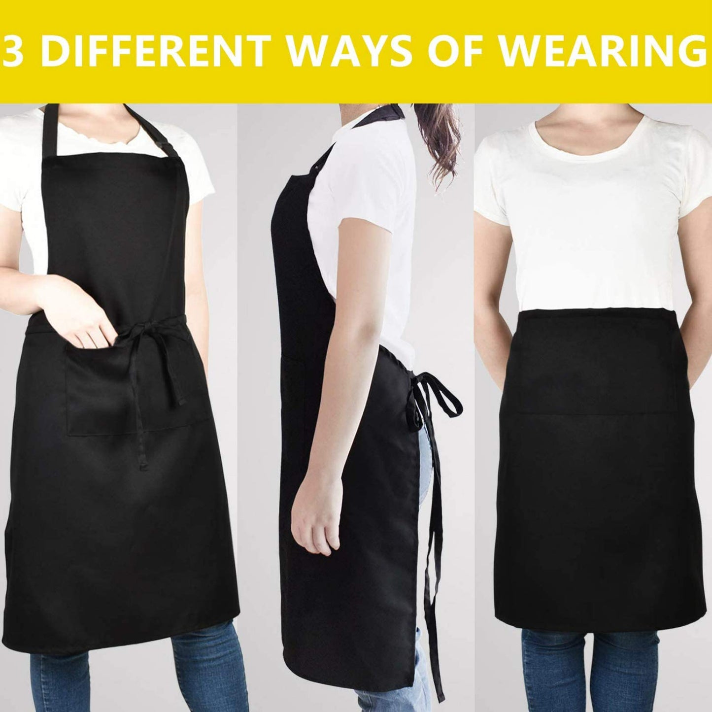 Will Well Adjustable Bib Aprons, Water Oil Stain Resistant Black Chef Cooking Kitchen Aprons with Pockets for Men Women