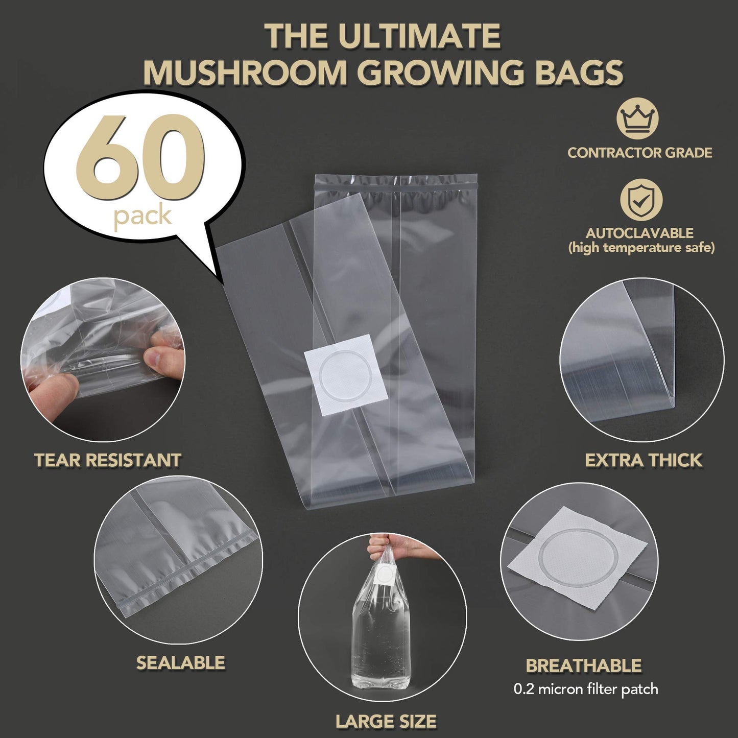 LOSTRONAUT Mushroom Grow Bags - 60 Pack Extra Strong & Large Grow Bags, Autoclave Bags with 2 Micron Fiber for Mushroom Growing, Mushroom Spawn Bag, CO2 Bag, Mushroom Growing Kit & Gardening Supplies