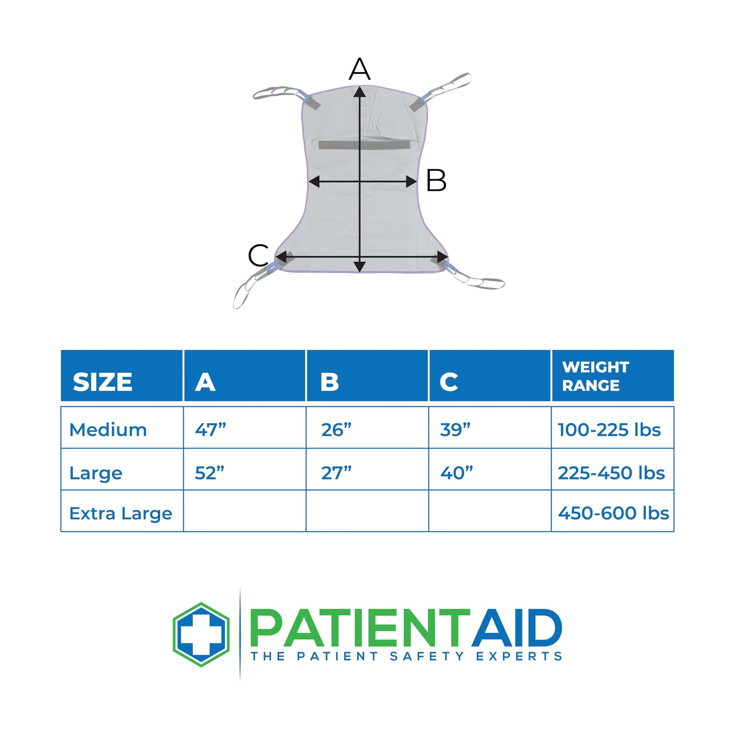 Patient Aid Full Body Solid Fabric Patient Lift Sling, Size Medium, 600lb Weight Capacity