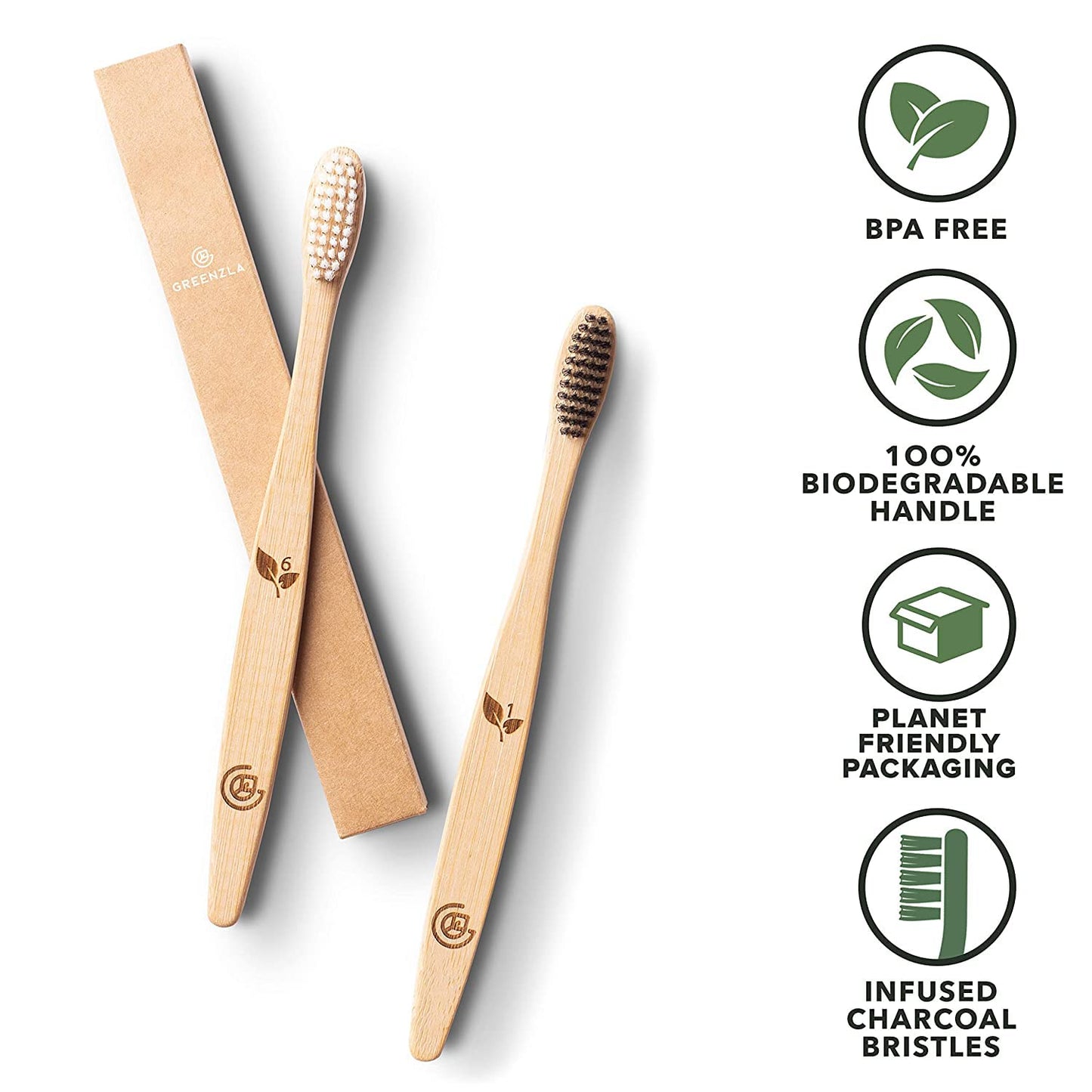 Greenzla Biodegradable Bamboo Toothbrushes, 12 Pack Sturdy BPA Free Soft Bristles Toothbrushes for Adults with Toothbrush Travel Case & Charcoal Dental Floss, Organic & Compostable Wooden Toothbrushes