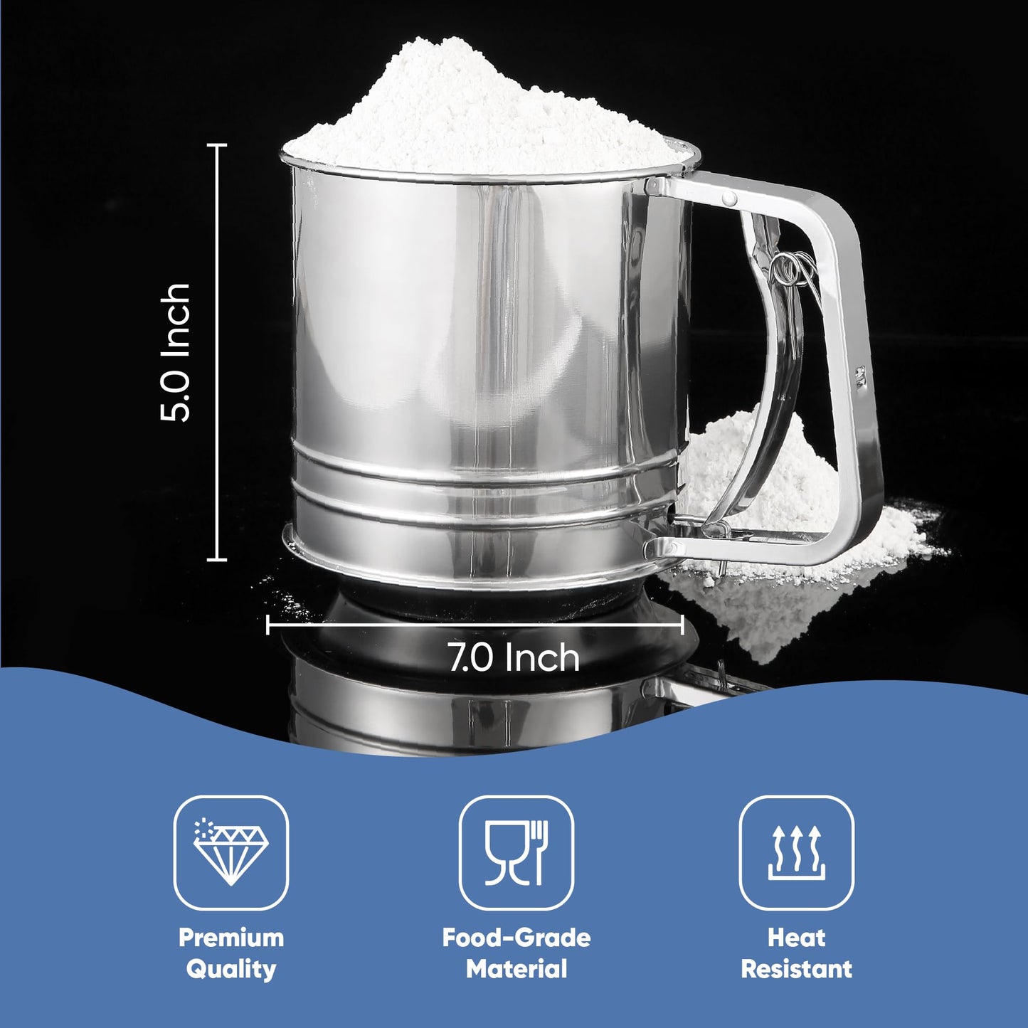 Chefs Path Flour Sifter for Baking - Triple Layer Stainless Steel Fine Mesh Strainer with Handle, 4-Cup Capacity Sieve with Squeeze Mechanism Sift for Flour, Powdered Sugar, Cocoa Powder, Baking Soda