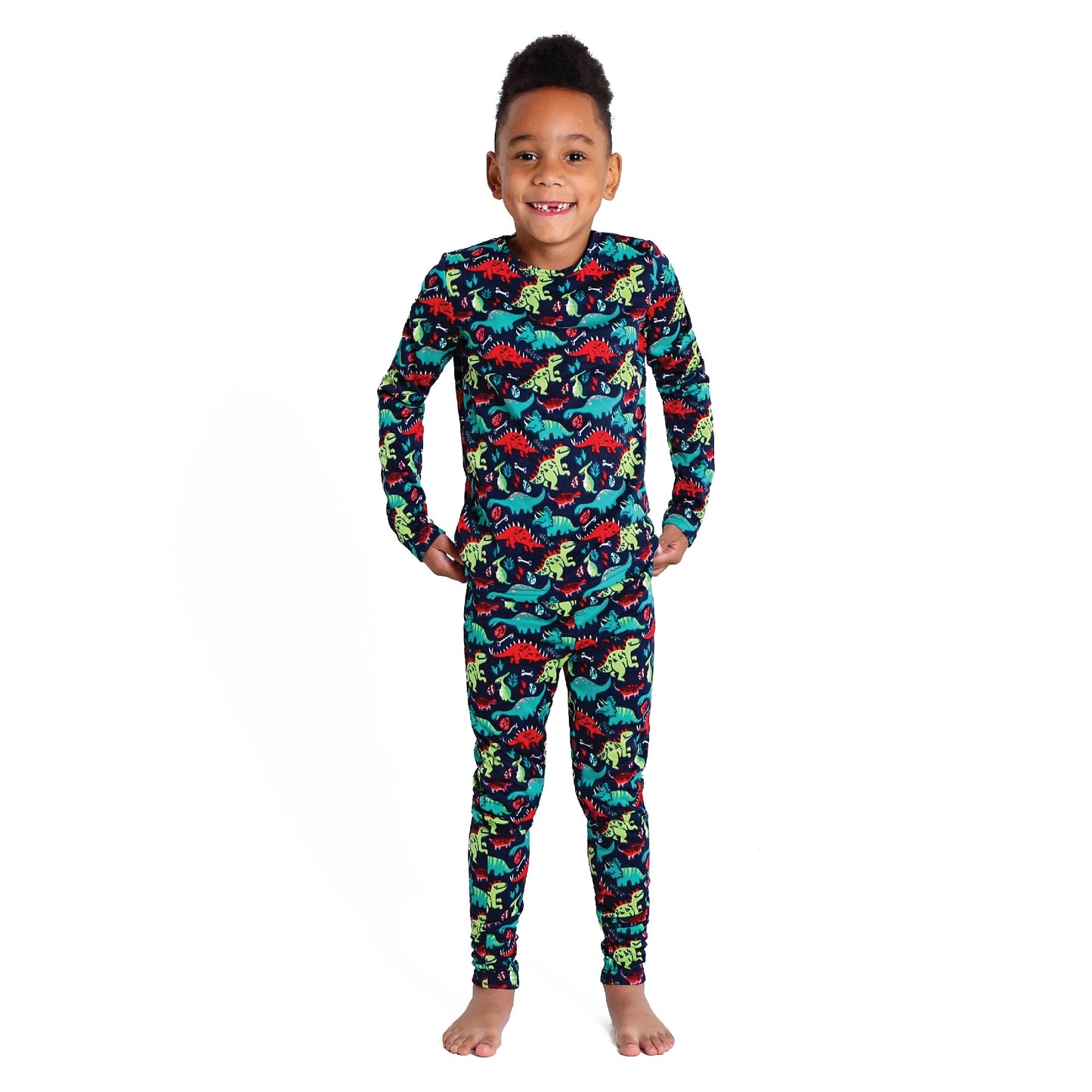 Lone Cone Kids Thermal Underwear Set, Super Comfy Girls & Boys Thermal Underwear Set With Fleece Lined Top And Bottom Matching Set In Fun Patterns For Toddlers And Kids, Large, Dino