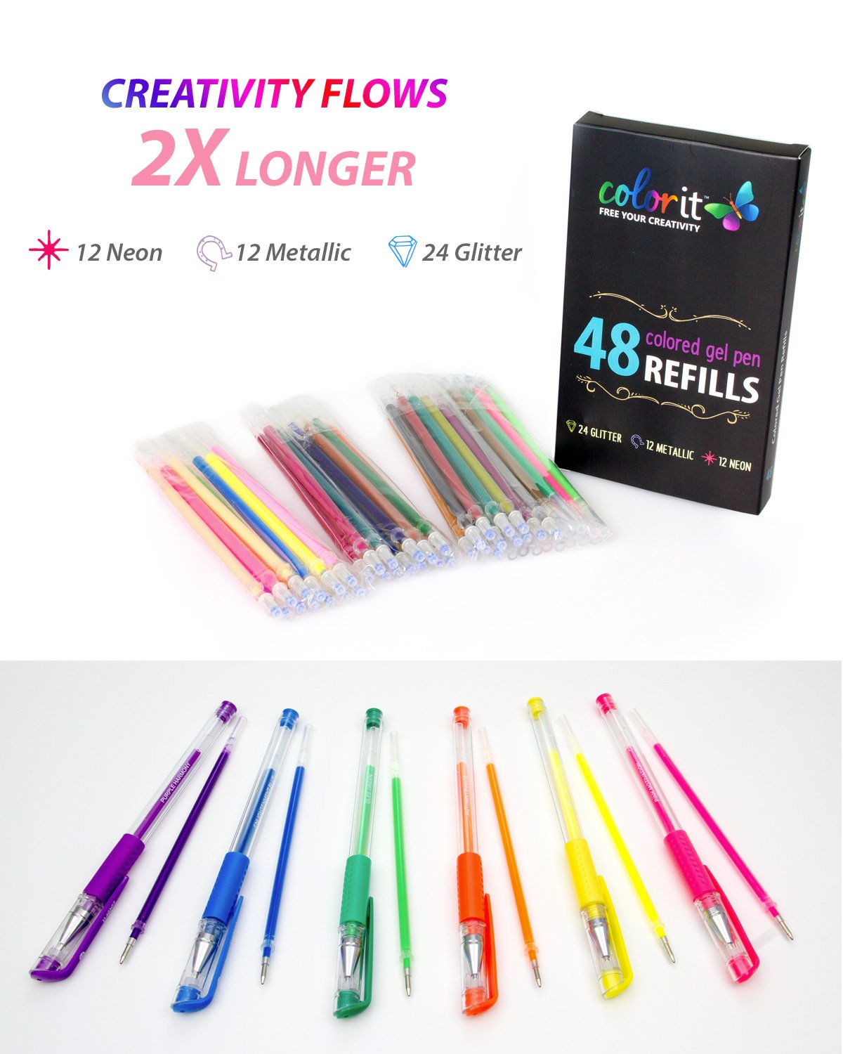 ColorIt 48 Gel Pen Ink Refills for Glitter, Metallic, and Neon - Color Coded for Easy Replacement