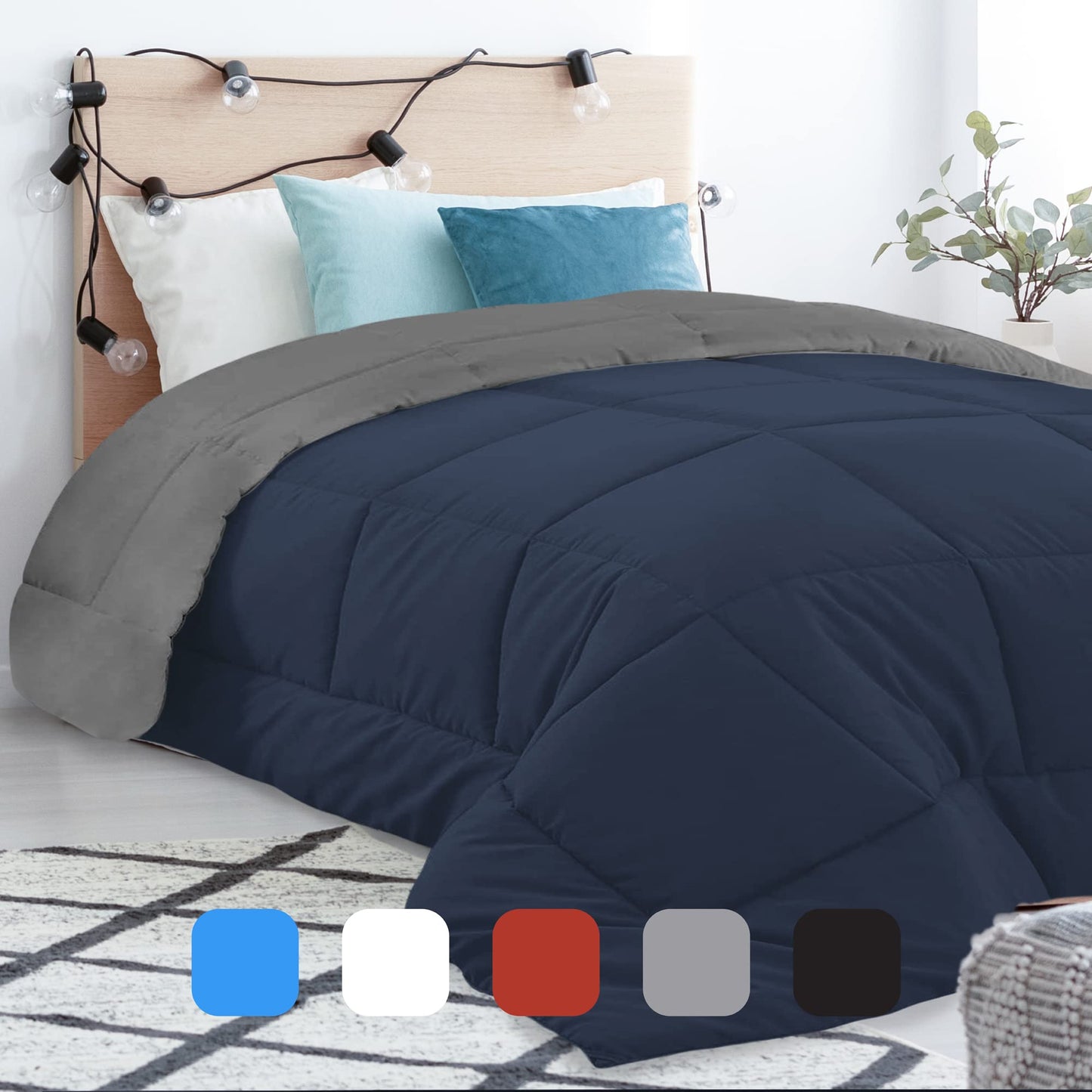 Equinox International, Comforter Twin Size - Duvet Insert - Quilted Down Alternative Thick Comforter with Corner Tabs - Box Stitched Microfiber (Twin, Navy Blue/Charcoal Grey)