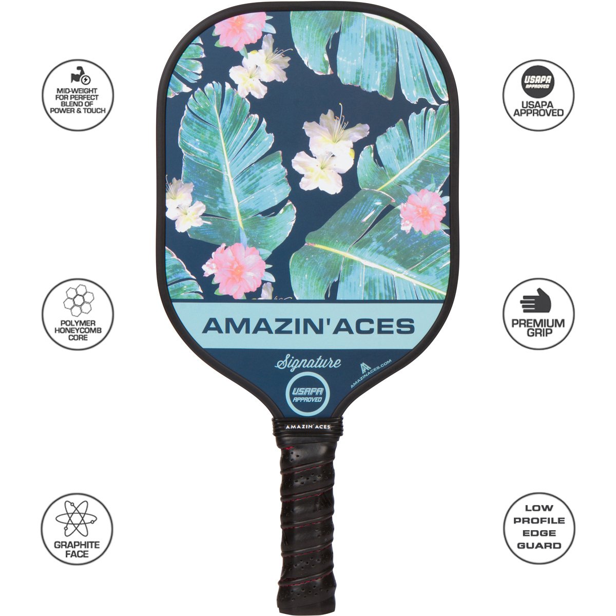 Amazin' Aces Signature Pickleball Single Paddle Green - 1 USAPA-Approved Pickleball Racket with Graphite Face & Polymer Honeycomb Core, 1 Paddle Cover & 1 Carry Bag