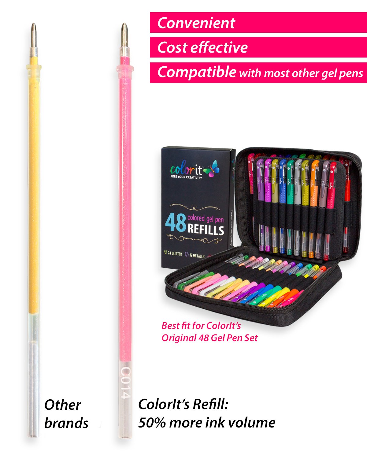 ColorIt 48 Gel Pen Ink Refills for Glitter, Metallic, and Neon - Color Coded for Easy Replacement