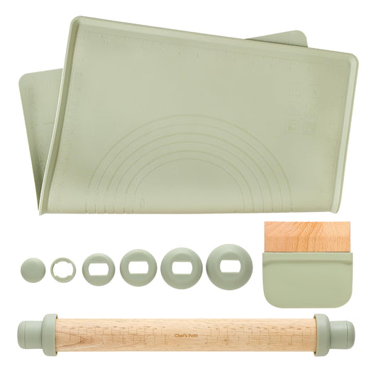 Chef's Path Baking Essentials Set - Adjustable Rolling Pin with 4 Thickness Rings, Reversible Baking Mat, 2-in-1 Silicone Dough Scraper & Wooden Dough Cutter - Food-Safe Baking Tools, Sage Green