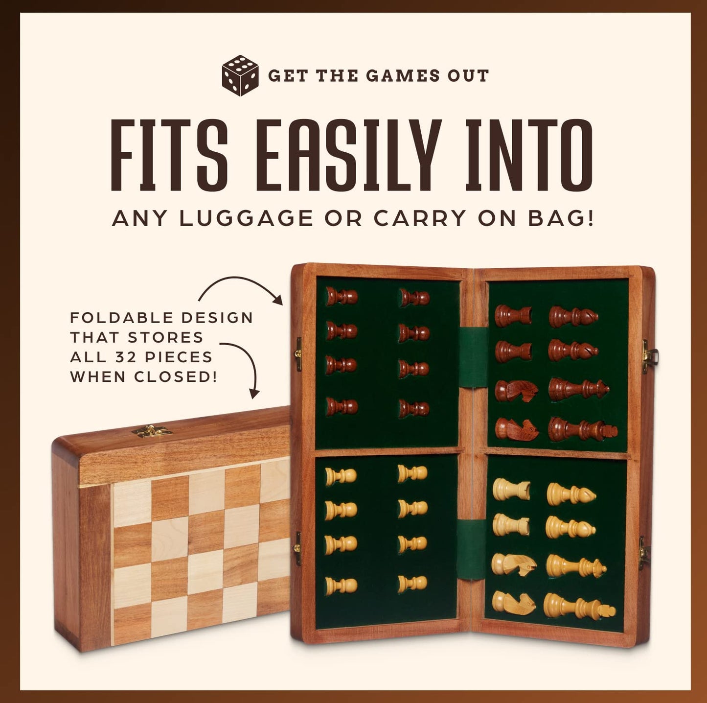 Get The Games Out Travel Chess Set | Handcrafted Large Wooden Board, Magnetic Felted Pieces, Portable, Foldable and Easy Storage | Board Game Gift Set for Kids and Adults | 14 x 14.25 Inches (Brown)