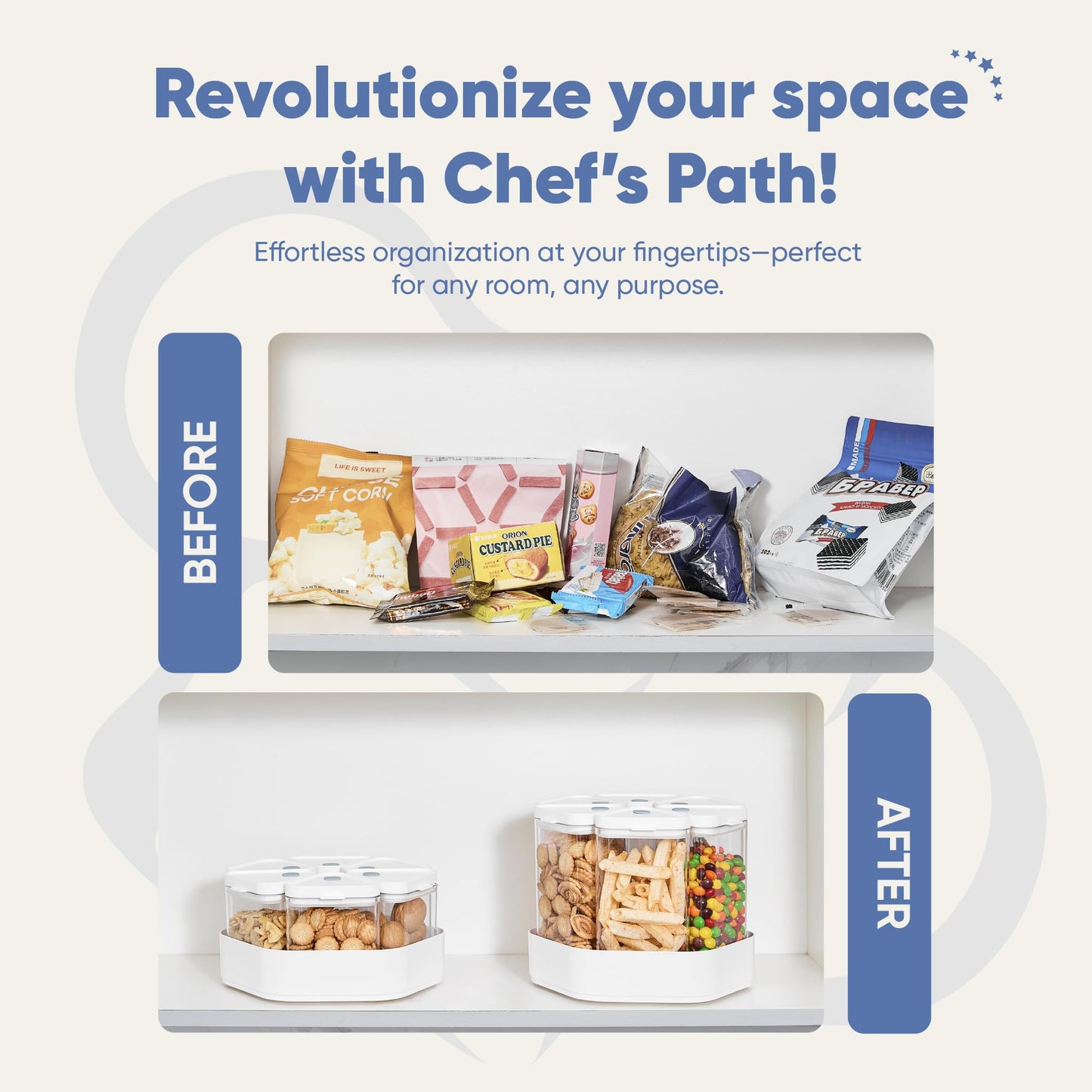 Chef's Path Spinning Container Set - 6 Pieces BPA-Free, Airtight, Clear Storage Bins (850 mL) and White Hexagonal 360� Lazy Susan Organizer for Cabinet, Pantry, Kitchen, and Office Storage Solutions