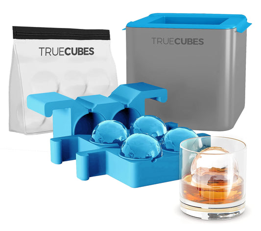 TRUE CUBES Crystal Clear Ice Sphere Ball Maker with Storage Bag - 4 Large Clear Ice Sphere Balls for Cocktails, Drinks & Whiskey - BPA-Free Silicone Sphere Ice Sphere Balls Mold