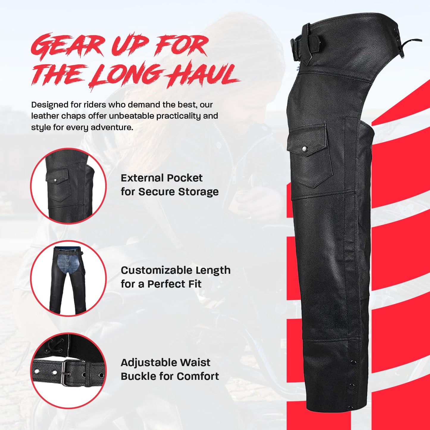 HWK Motorcycle Leather Chaps for Men and Women, Black Motorcycle Chaps for Road Rash Protection and All-Weather Comfort