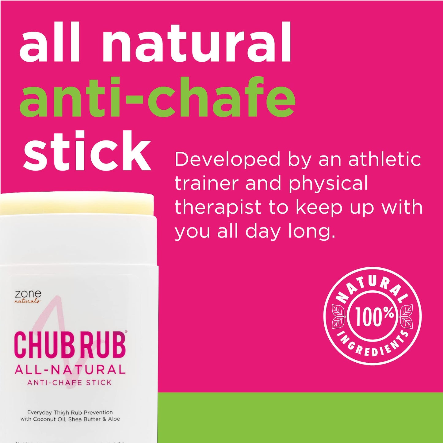 Zone Naturals Chub Rub Stick | 100% Natural Anti Chafing Stick | Anti Chafe Stick for Thigh Chafing Prevention - Reduces Rubbing and Irritation on Legs, Thighs, Bust, Arms and Neck | 1.5 Ounce