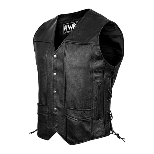 HWK Leather Motorcycle Vest for Men and Women with Concealed Carry Gun Pocket for All-Weather Motorbike Riding