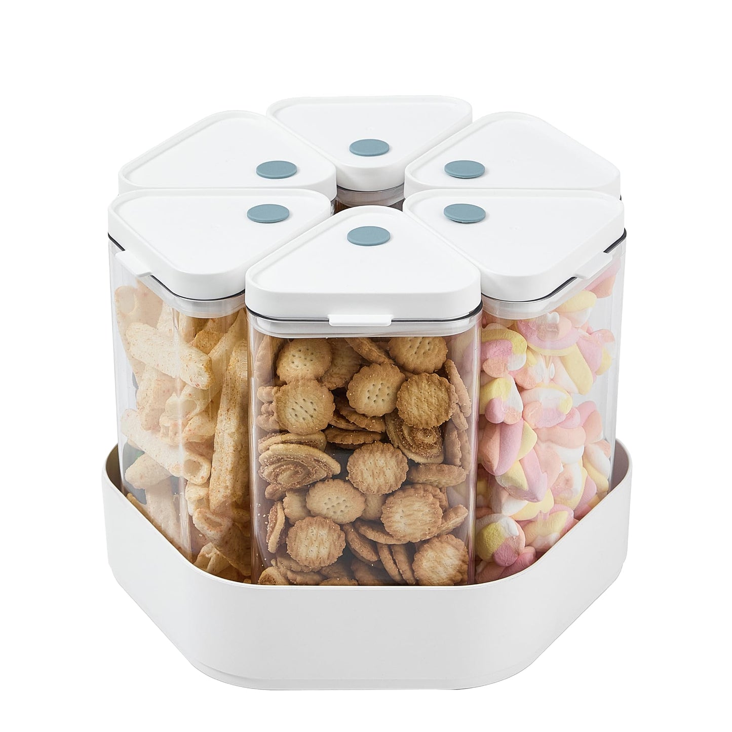 Chef's Path Spinning Container Set - 6 Pieces BPA-Free, Airtight, Clear Storage Bins (850 mL) and White Hexagonal 360� Lazy Susan Organizer for Cabinet, Pantry, Kitchen, and Office Storage Solutions