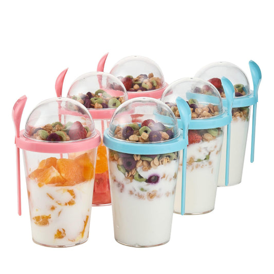 6-pack of Chef's Path Overnight Oats Containers with Lids and Spoons, 14 oz Capacity. Airtight, Plastic, Large Jars for Milk, Cereal, and Fruit