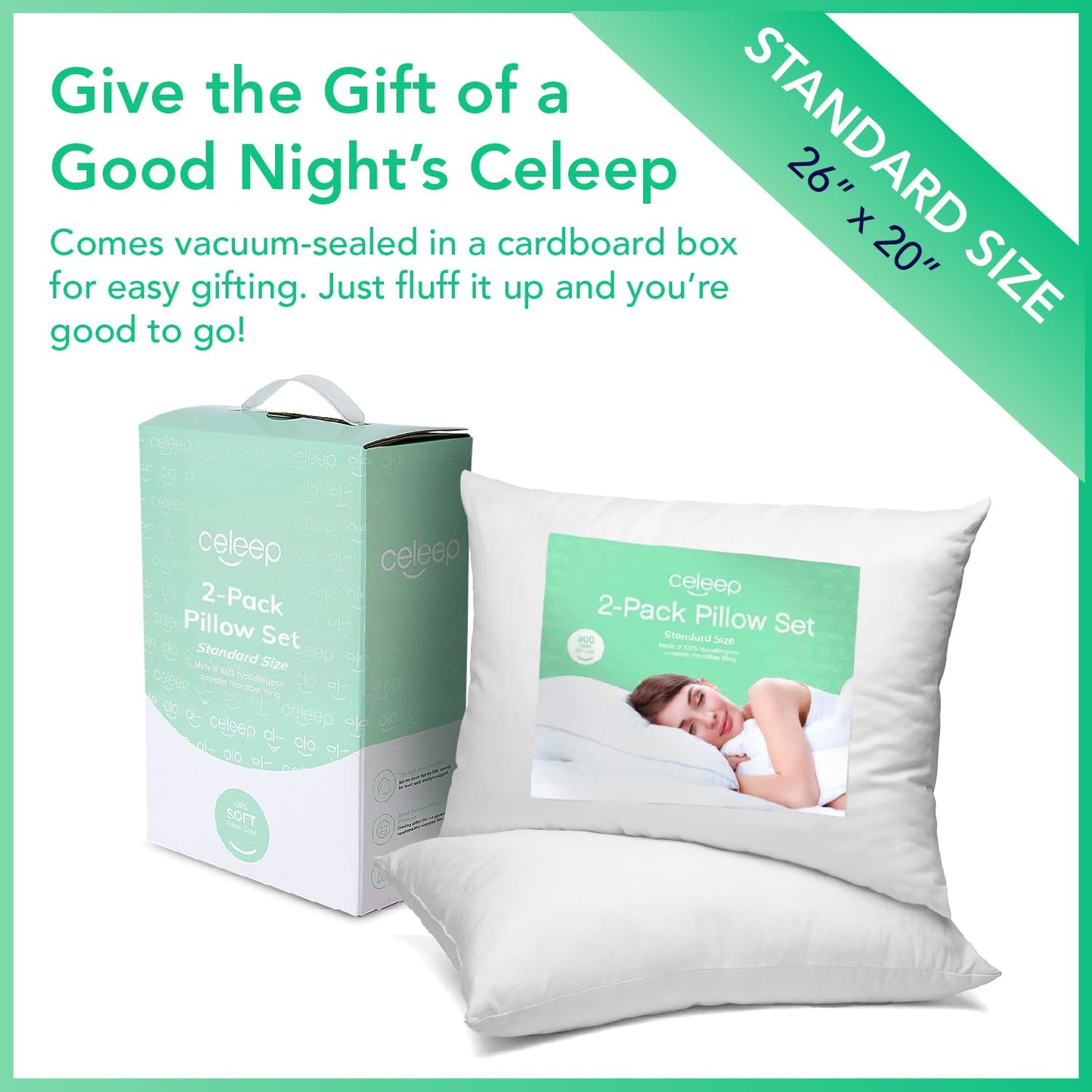 Celeep Bed Pillows- Premium Sleeping Pillows - Soft Sand Washed Cover - Microfiber Filling