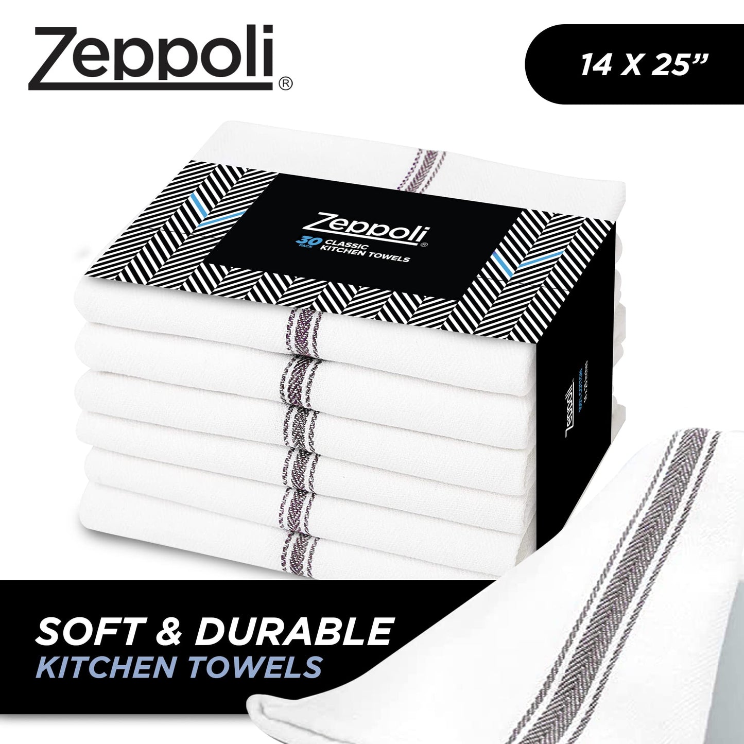 Zeppoli Classic Kitchen Towels - 15 Pack 100% Natural Cotton Kitchen Towel Set, Reusable Wash Cloths, Absorbent Dish Towels, Machine Washable Hand Towels, Kitchen Essentials, 14� x 25�, Black Striped