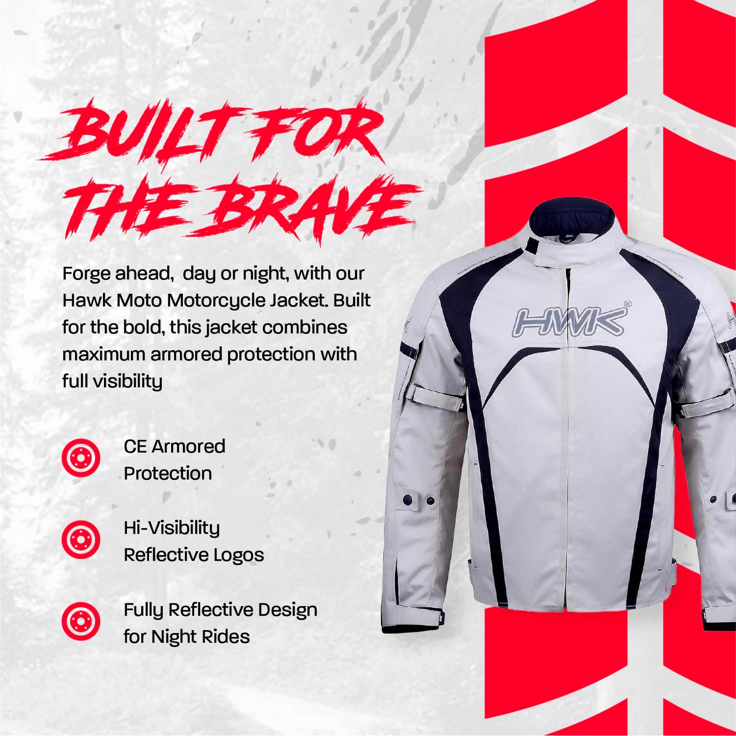 HWK Motorcycle Jacket for Men & Women, Waterproof, High Visibility Rain Jacket with CE Armor, Adjustable, Durable Polyester Motorcycle Riding Jacket, Dirt Bike Gear Enduro Racing, Silver, XL