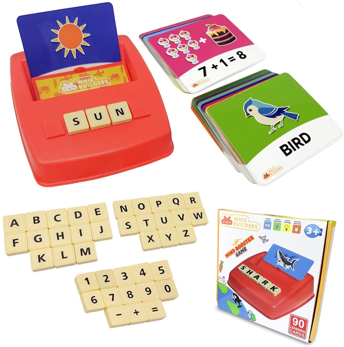 WhizBuilders Matching Letter Game & Numbers Board Game with 90 Flash Cards : Sight Words & Math Formula Memory STEM Toys for Toddlers , ABC Learning & Spelling Game for kids Age 3-8 Year Old