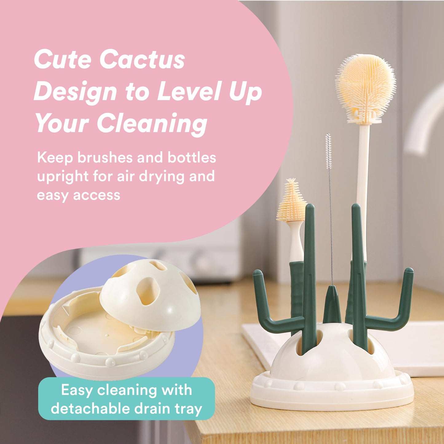 Liname Cactus Baby Bottle Brush Set - 3 Piece Cleaning Brush with Storage Base & Drying Rack,- Includes Bottle Cleaner, Nipple Cleaner & Straw Cleaner - Baby Essentials, Newborn Essentials Must Haves